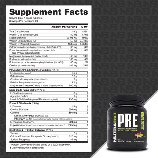 NutraBio PRE Workout Powder scoop shows measuring for precise, sustained energy.