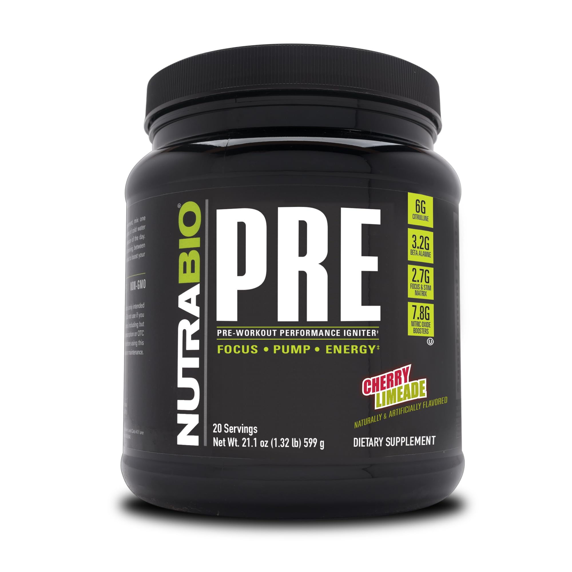 NutraBio PRE Workout Powder old formula tub label highlighting reliable energy for workouts.