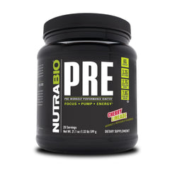 NutraBio PRE Workout Powder old formula tub label highlighting reliable energy for workouts.