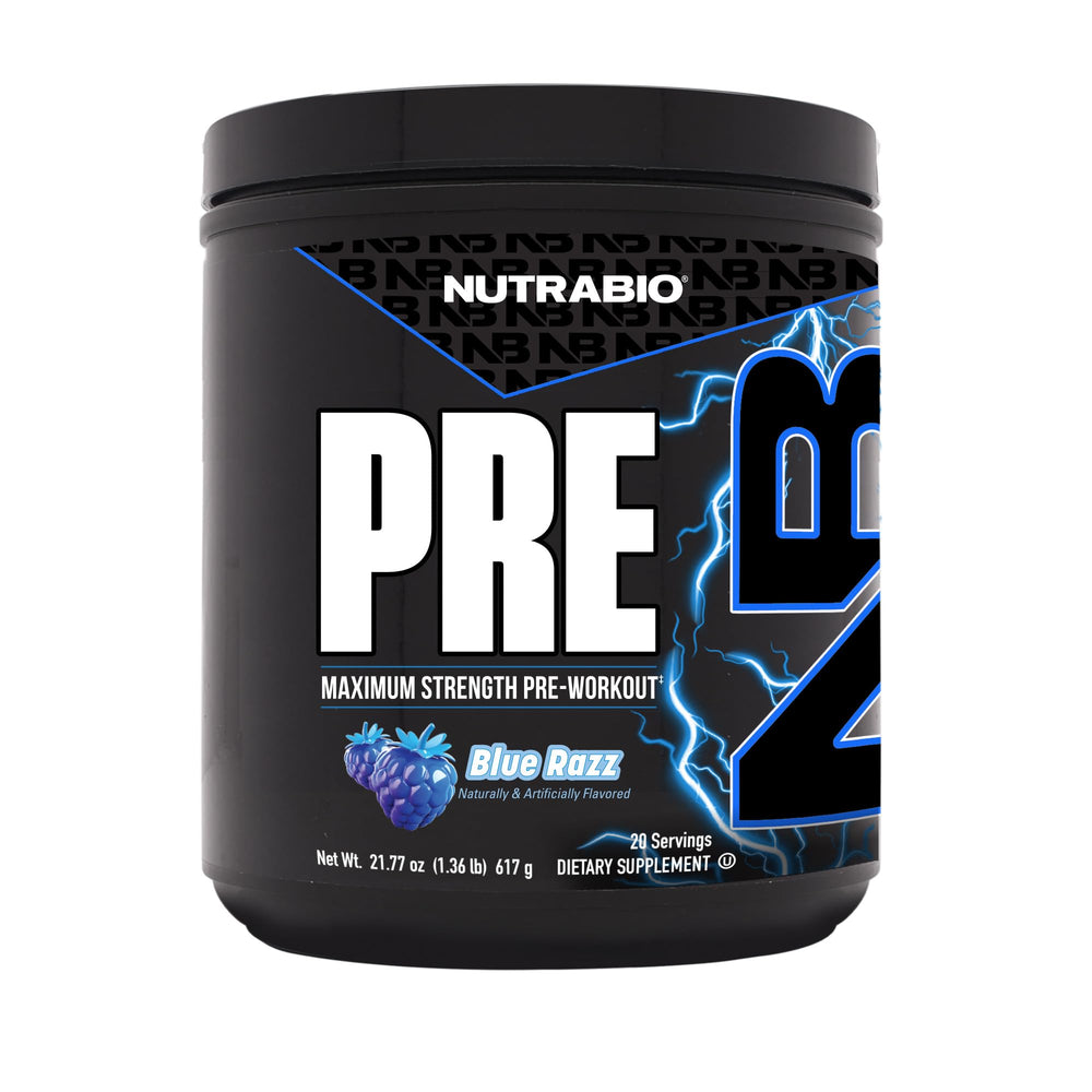 NutraBio Preworkout Blue Razz bottle powering intense workouts