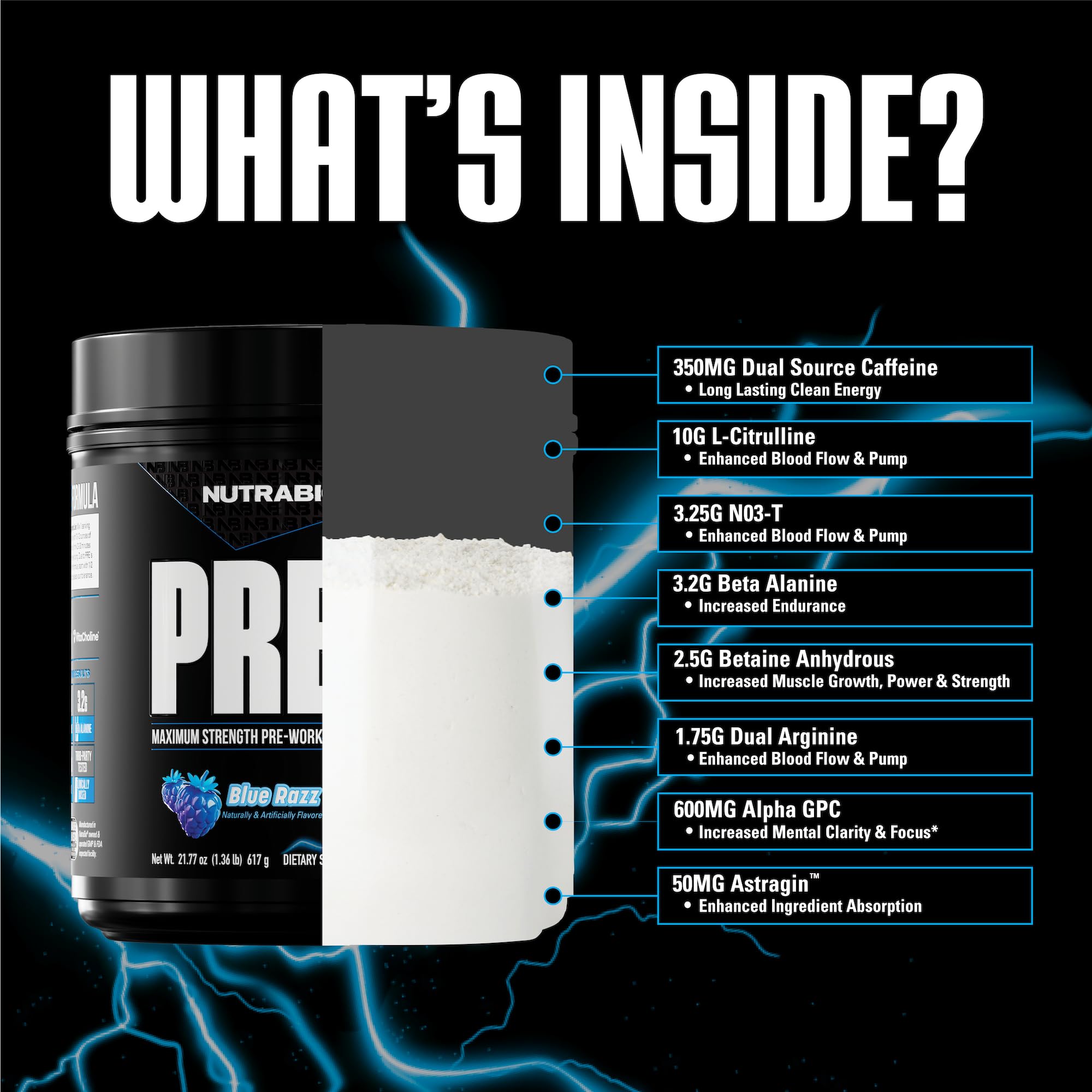 NutraBio Preworkout Blue Razz scoop dispensing precise dose for workouts
