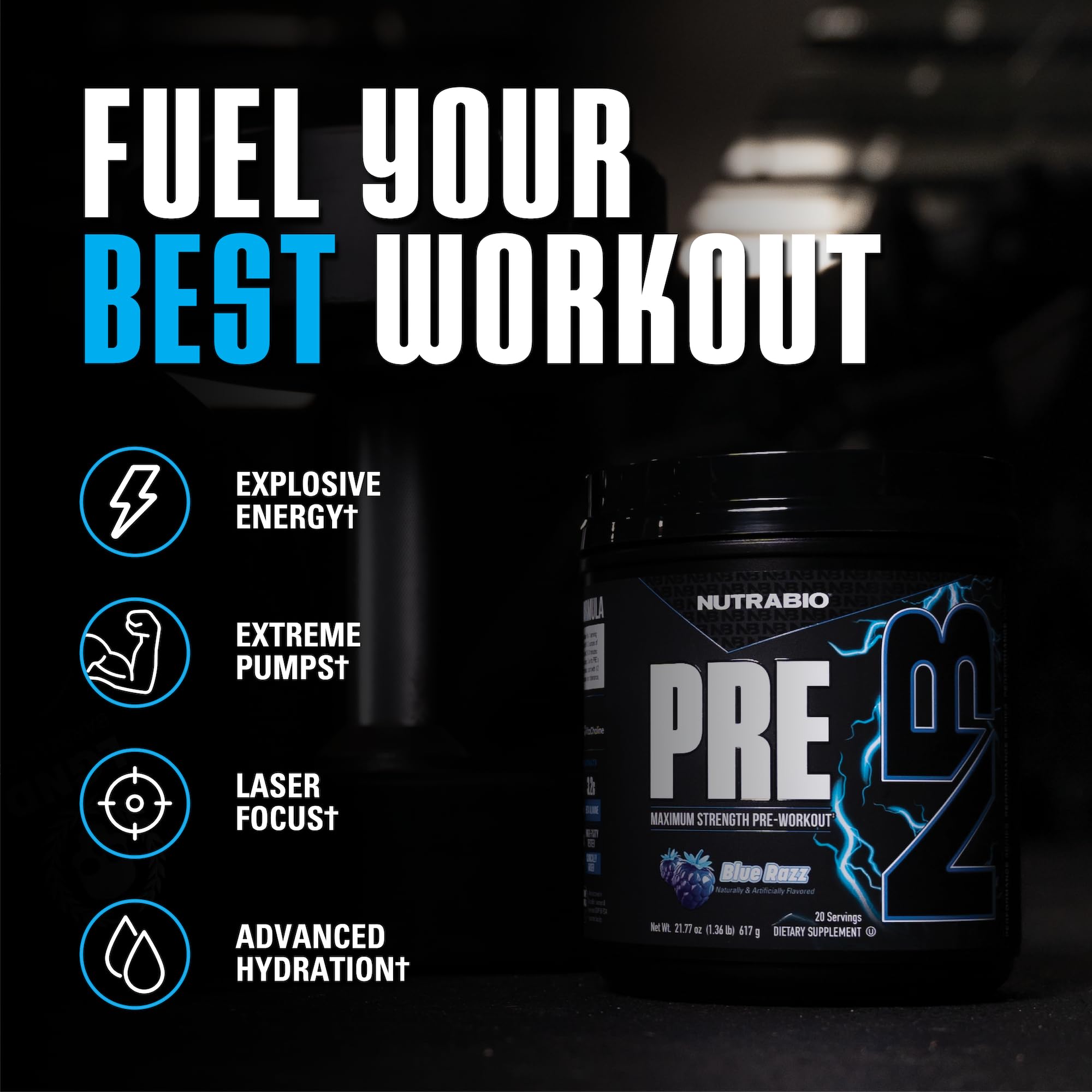 NutraBio Preworkout Blue Razz tub closeup shows transparent formula