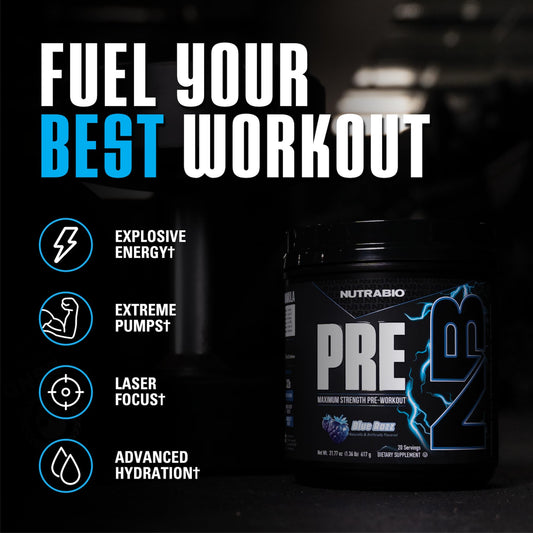 NutraBio Preworkout Blue Razz tub closeup shows transparent formula