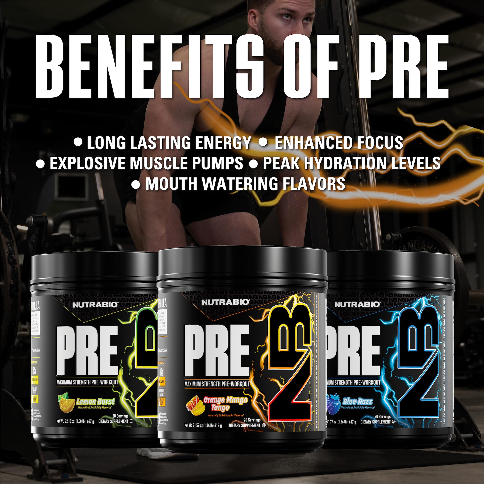 NutraBio PRE Orange Mango mixing bottle with shaker ball.