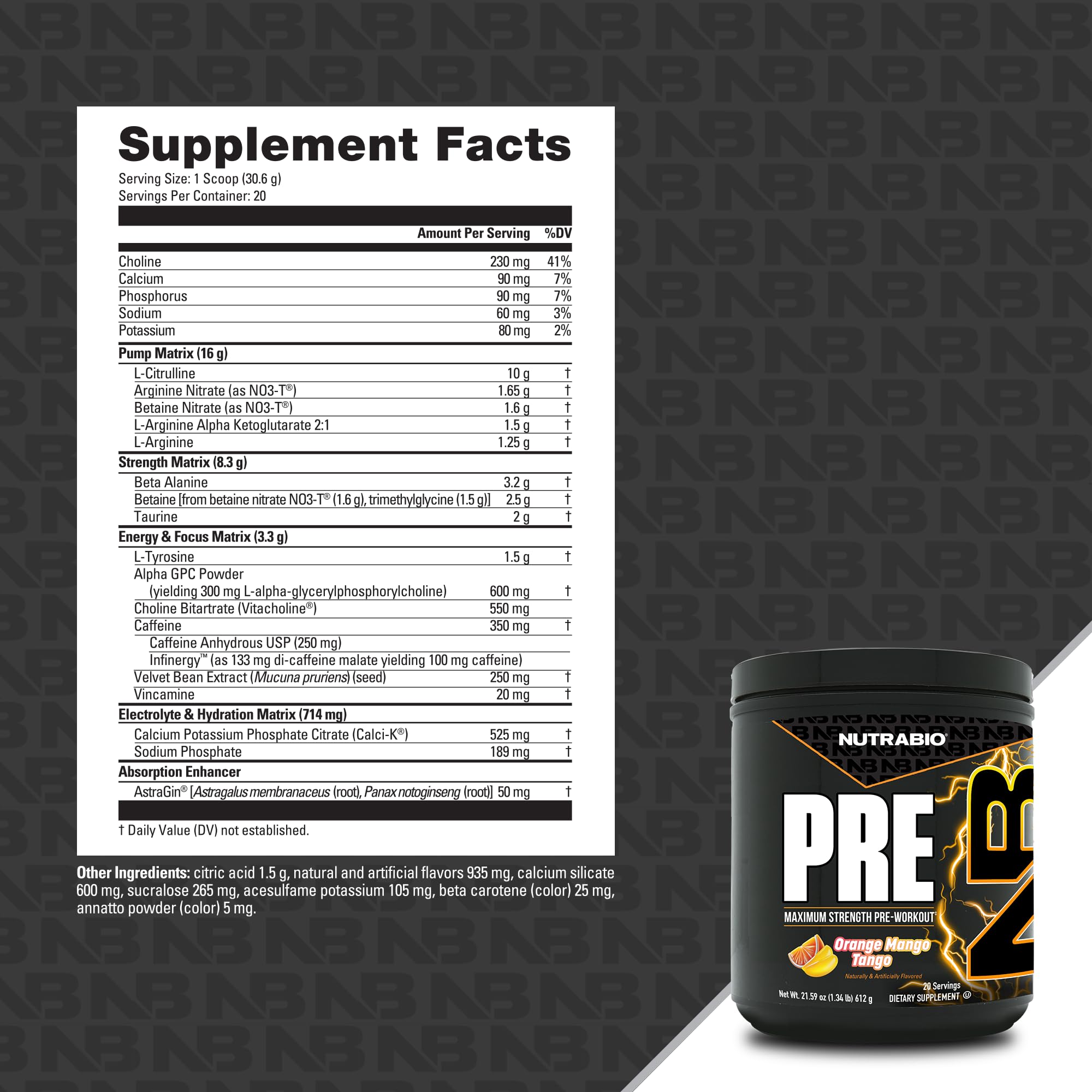 NutraBio PRE Orange Mango glass with powder and spoon.