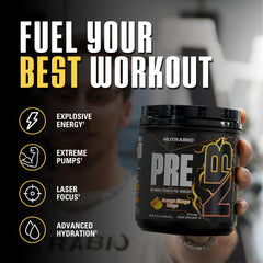 NutraBio PRE Orange Mango serving scoop ready for training.