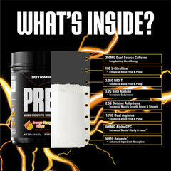 NutraBio PRE Orange Mango powder in a shaker promoting focus.