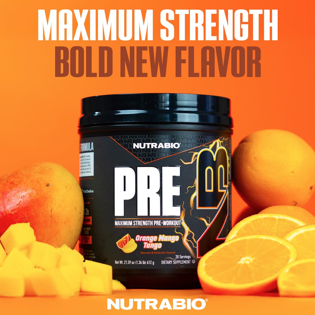 NutraBio PRE Orange Mango tub label highlights a transparent, dosage-first formula.