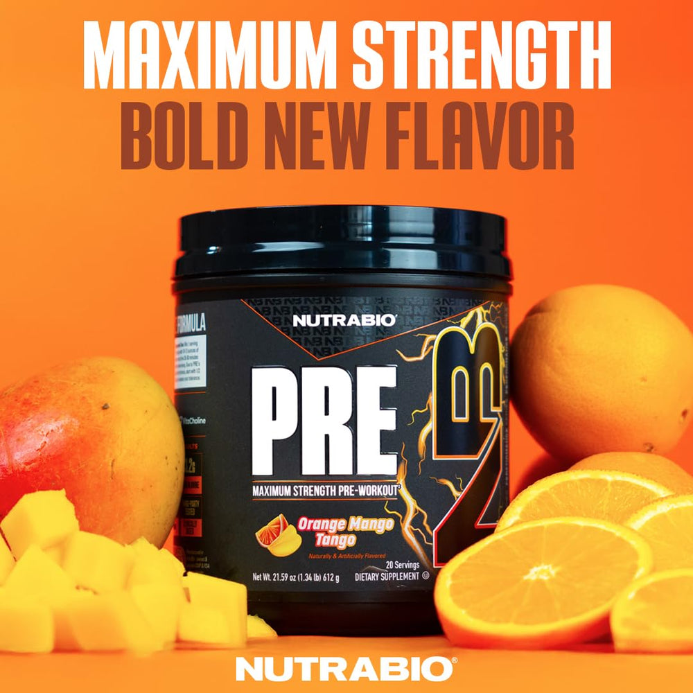 NutraBio PRE Orange Mango tub label highlights a transparent, dosage-first formula.