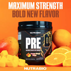 NutraBio PRE Orange Mango tub label highlights a transparent, dosage-first formula.