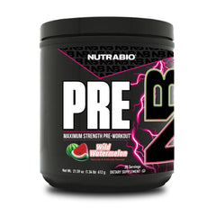 NutraBio Preworkout Watermelon label front highlighting transparent ingredients for focused workouts.