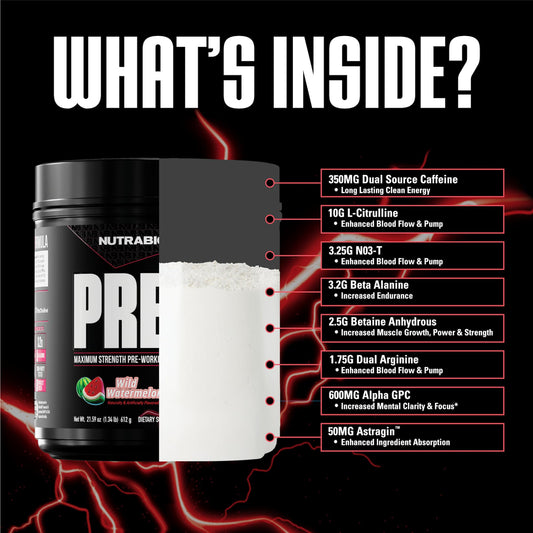 NutraBio Preworkout Watermelon scoop pouring into glass to illustrate quick energy kick.
