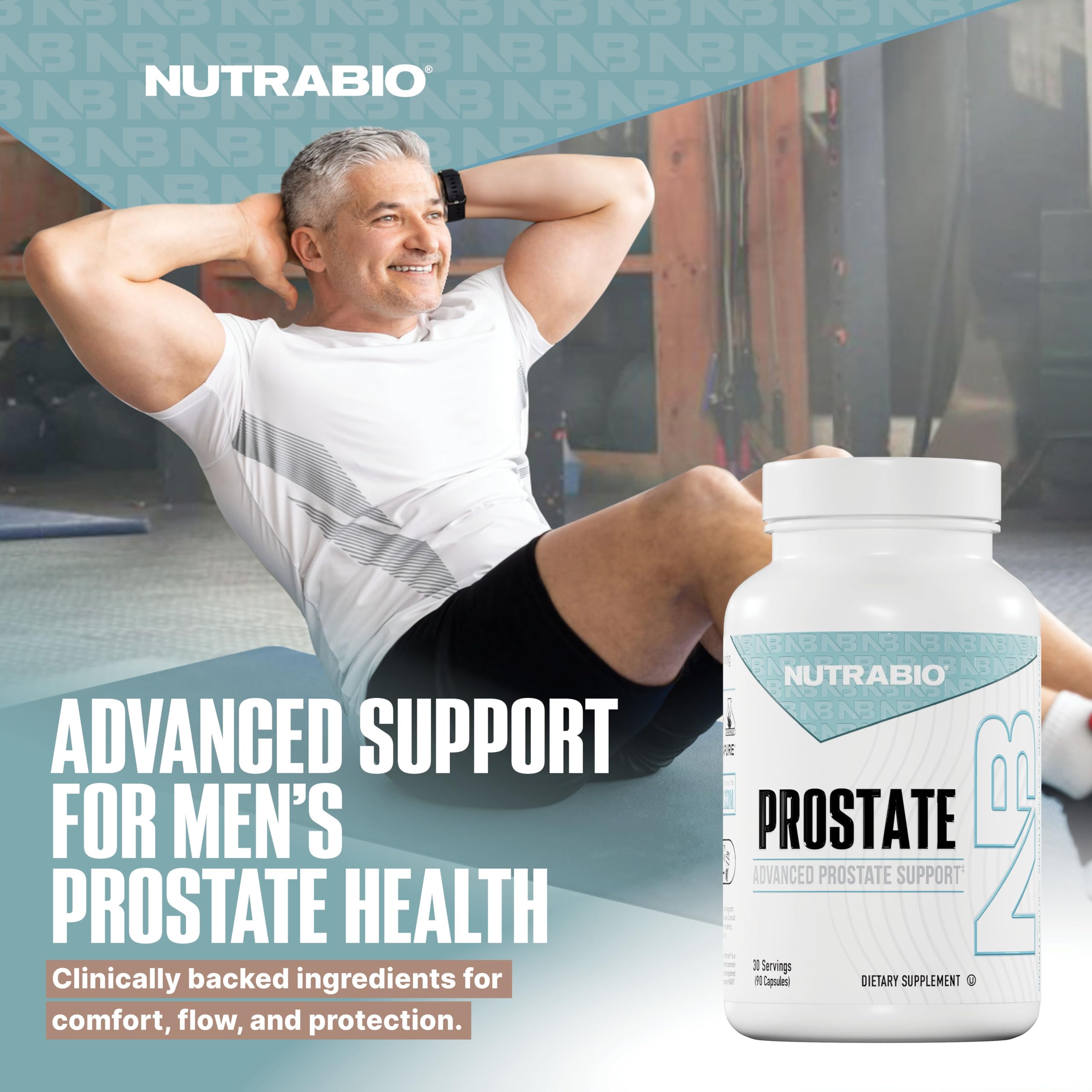 NutraBio Prostate capsules close-up highlighting easy-to-take capsules for daily use.