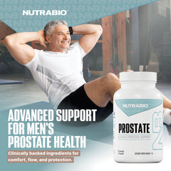 NutraBio Prostate capsules close-up highlighting easy-to-take capsules for daily use.