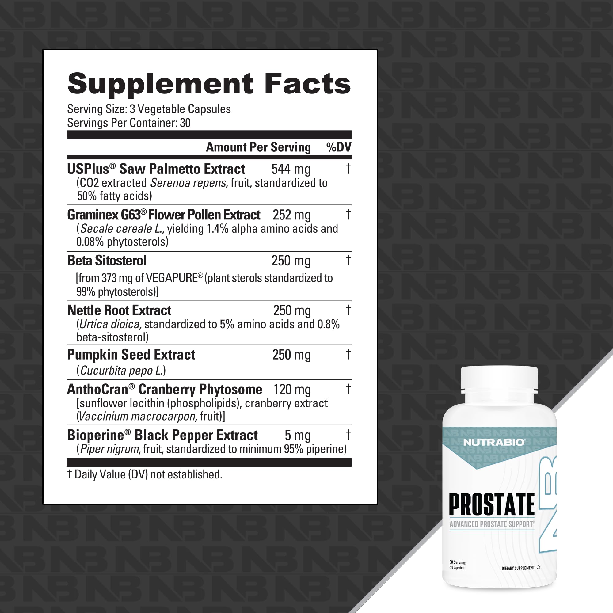 NutraBio Prostate VEGAPURE Beta-Sitosterol component highlighted.
