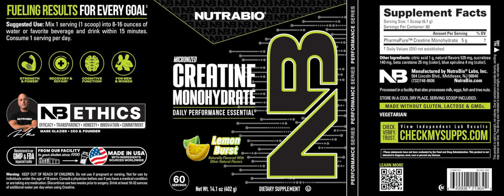 NutraBio creatine monohydrate back label front shows key details