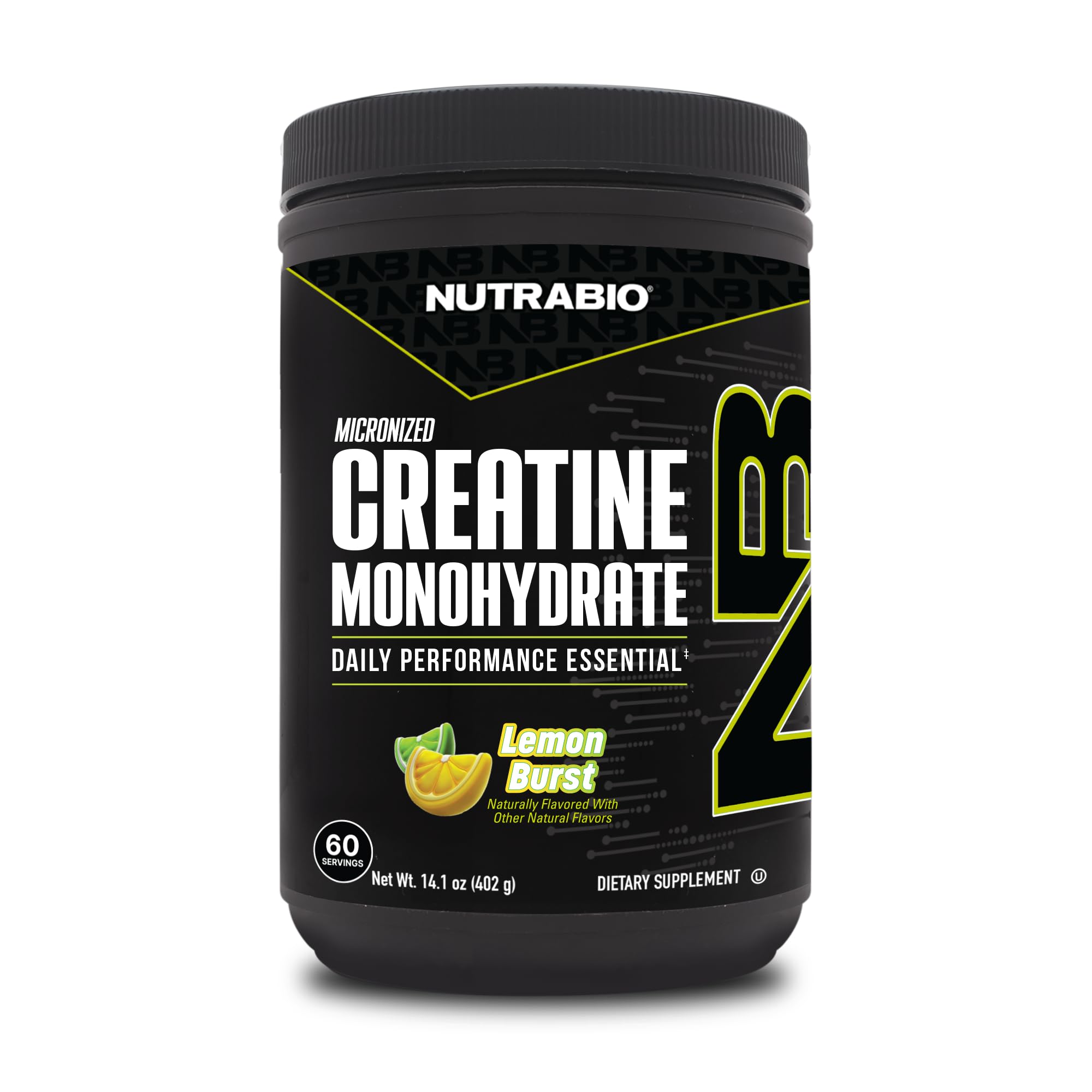 NutraBio Pure Creatine Monohydrate Lemon Burst bottle for steady workout energy
