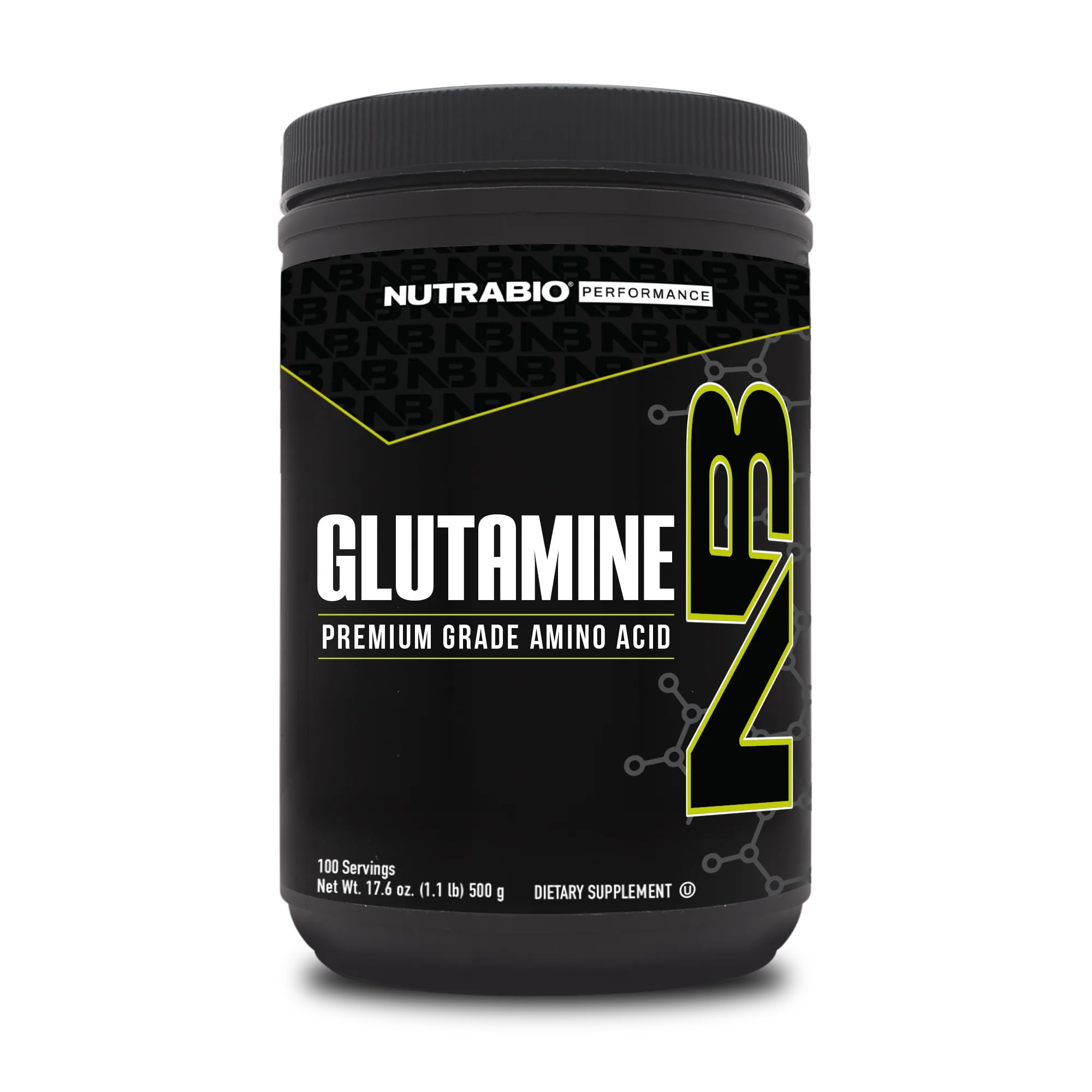 NutraBio Pure L-Glutamine bottle front view, highlighting purity