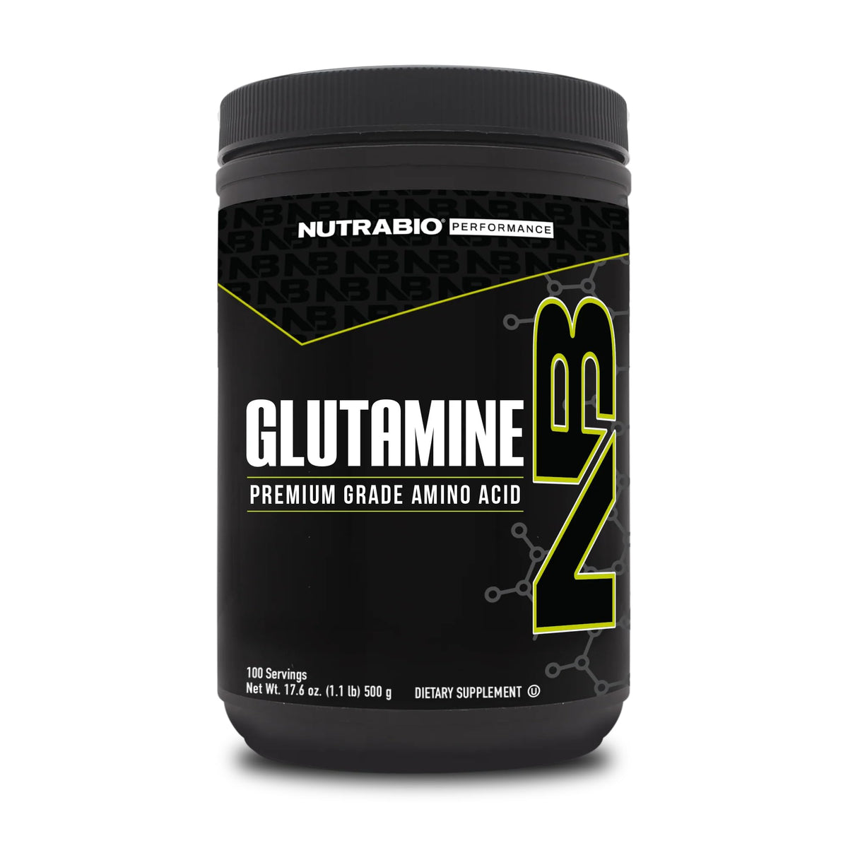 NutraBio Pure L-Glutamine bottle front view, highlighting purity