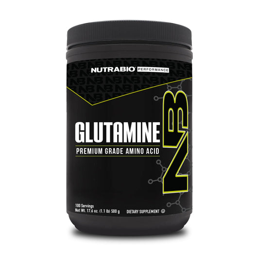 NutraBio Pure L-Glutamine bottle front view, highlighting purity