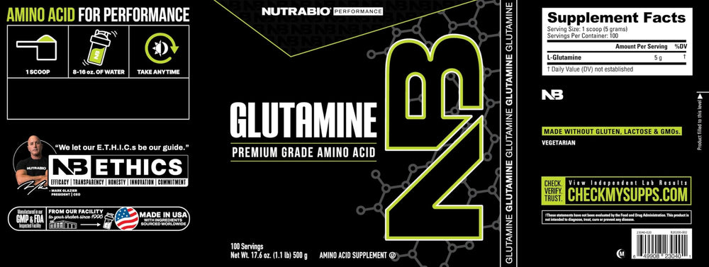 Close-up of NutraBio L-Glutamine container label emphasizing purity