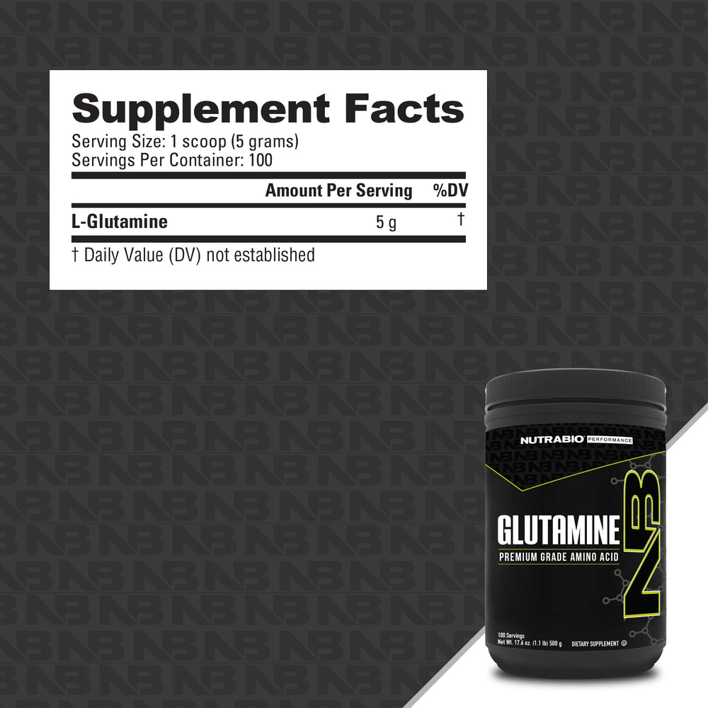 NutraBio L-Glutamine powder poured into a glass for mixing