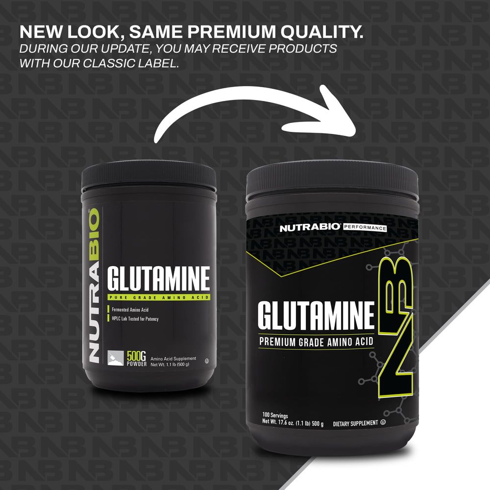 USA-made NutraBio L-Glutamine powder on a clean kitchen counter