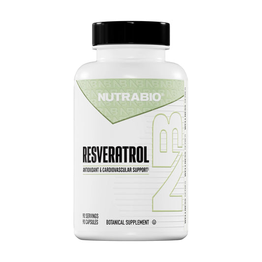 NutraBio Resveratrol bottle front displaying 490mg trans-resveratrol for daily support.