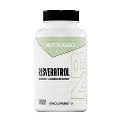 NutraBio Resveratrol bottle front displaying 490mg trans-resveratrol for daily support.