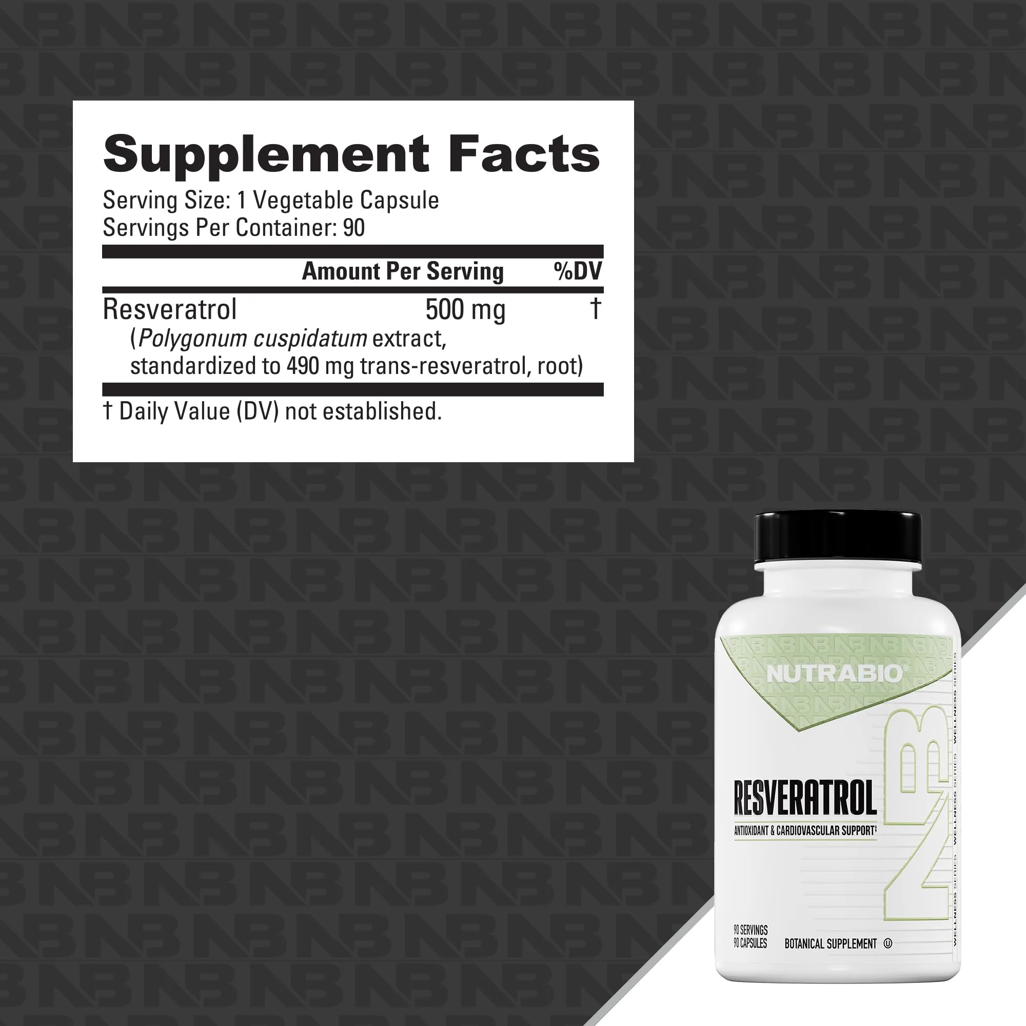 NutraBio Resveratrol serving size image with 90 capsules in bottle.