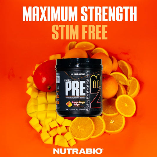 NutraBio Stim-Free PRE Orange Mango scoop ready for serving during workouts