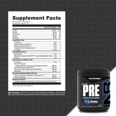 NutraBio STIM-Free PRE Workout blue razz bottle side view showing label and form.