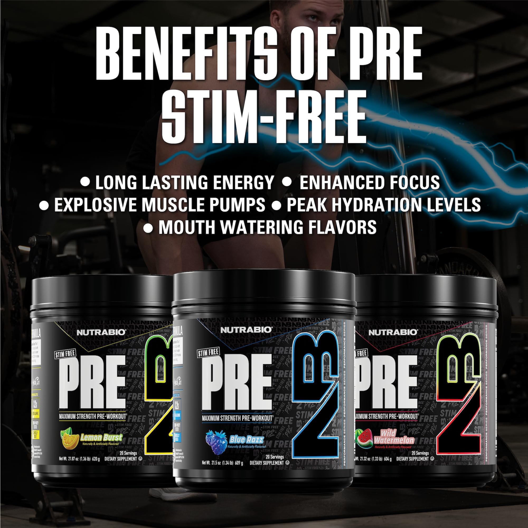 NutraBio STIM-Free PRE Workout blue razz prepared drink with vibrant color signaling energy uptake.