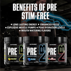 NutraBio STIM-Free PRE Workout blue razz prepared drink with vibrant color signaling energy uptake.