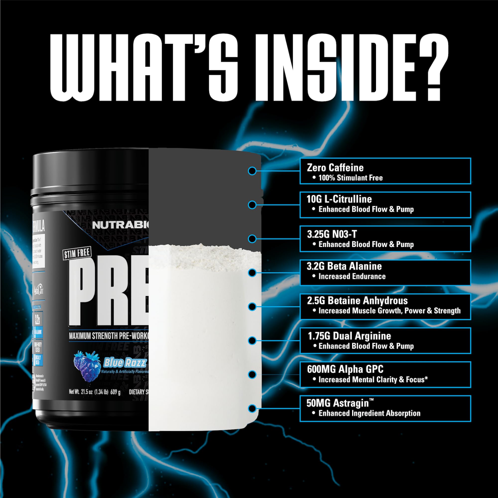 NutraBio STIM-Free PRE Workout blue razz powder being poured for quick, potent mixes.