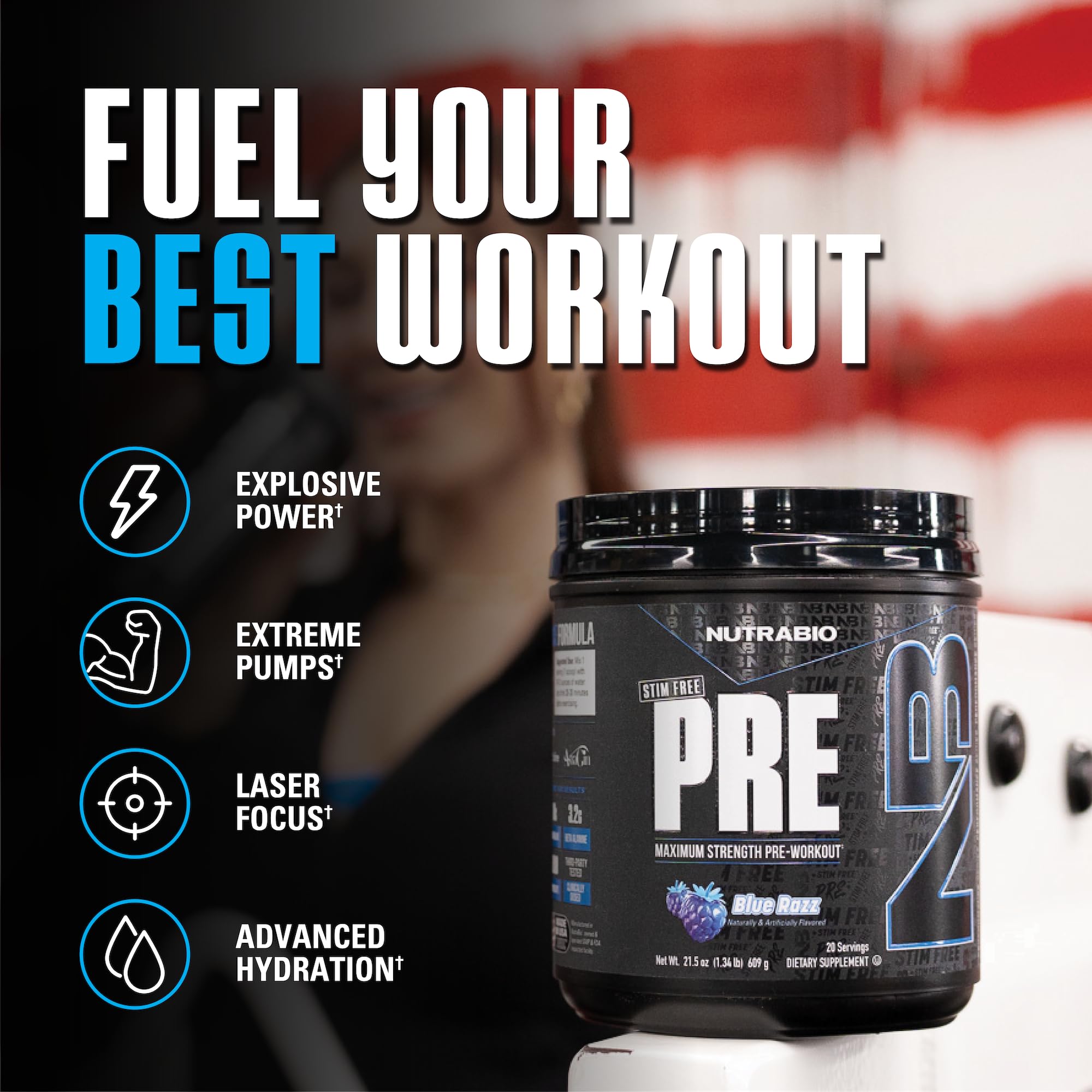 NutraBio STIM-Free PRE Workout blue razz tub back view, transparent ingredients for consistent energy.