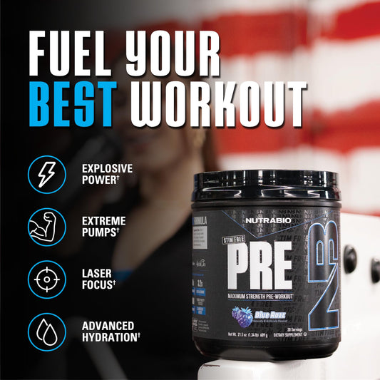 NutraBio STIM-Free PRE Workout blue razz tub back view, transparent ingredients for consistent energy.