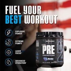NutraBio STIM-Free PRE Workout blue razz tub back view, transparent ingredients for consistent energy.