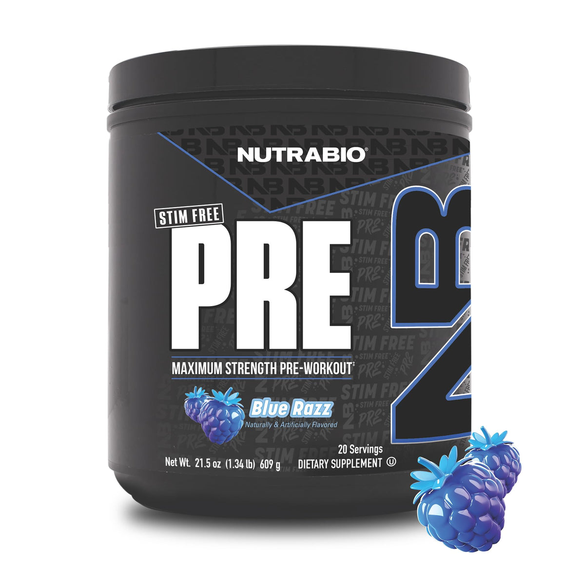 NutraBio STIM-Free PRE Workout blue razz tub front view, enhanced focus during training.