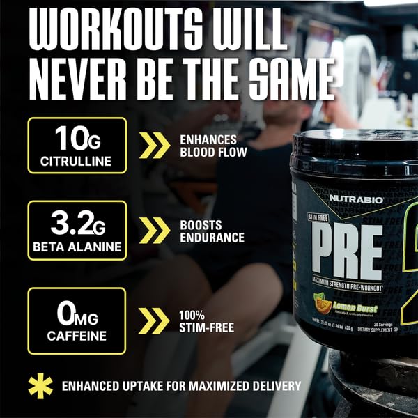 NutraBio STIM-Free PRE-Workout Lemon Burst flavor-splash highlights refreshing citrus experience.