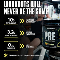 NutraBio STIM-Free PRE-Workout Lemon Burst flavor-splash highlights refreshing citrus experience.