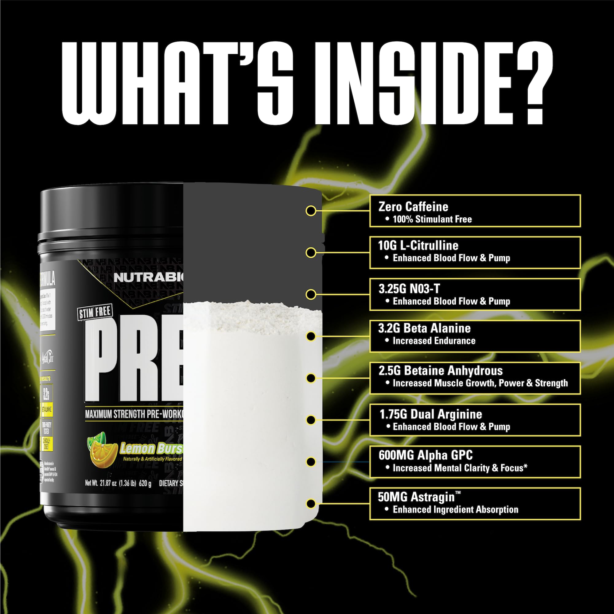 NutraBio STIM-Free PRE-Workout Lemon Burst ingredient-panel shows transparent labeling for informed choices.