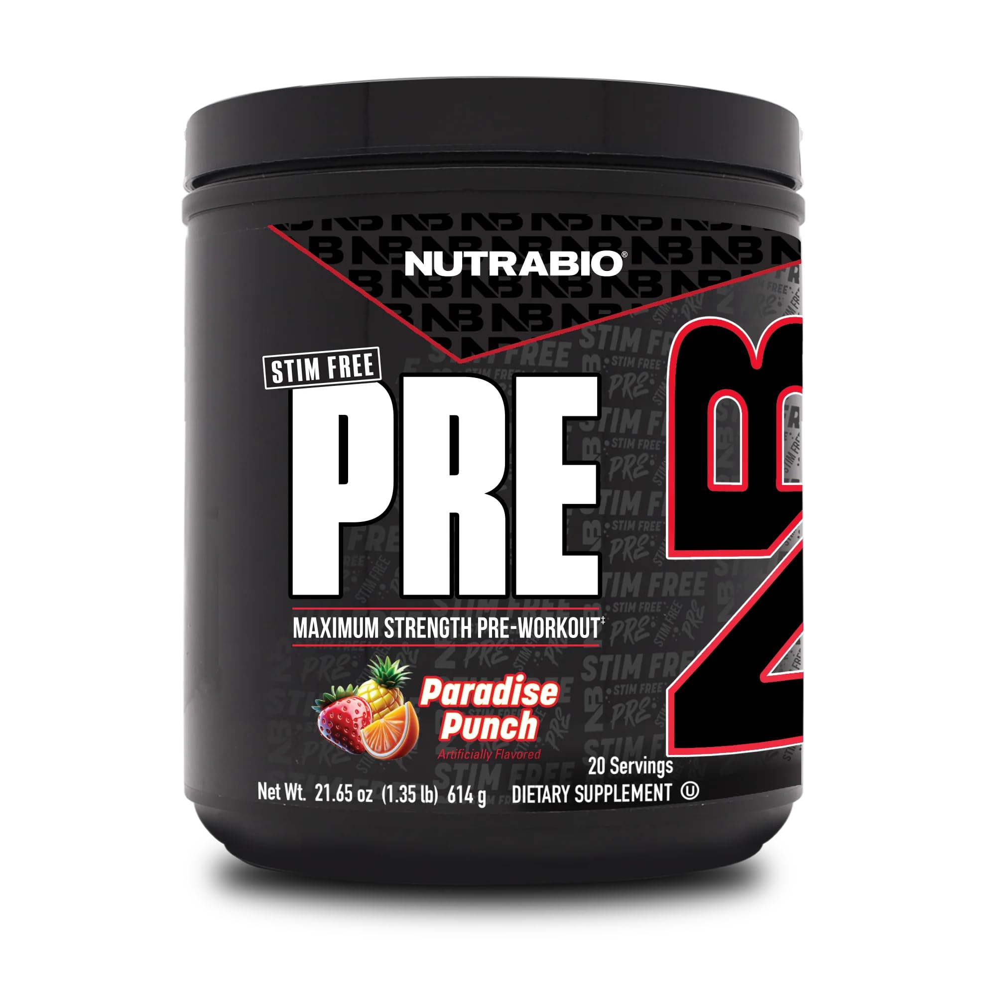 NutraBio Stim-Free Pre-Workout Paradise Punch bottle boosts focus and endurance.