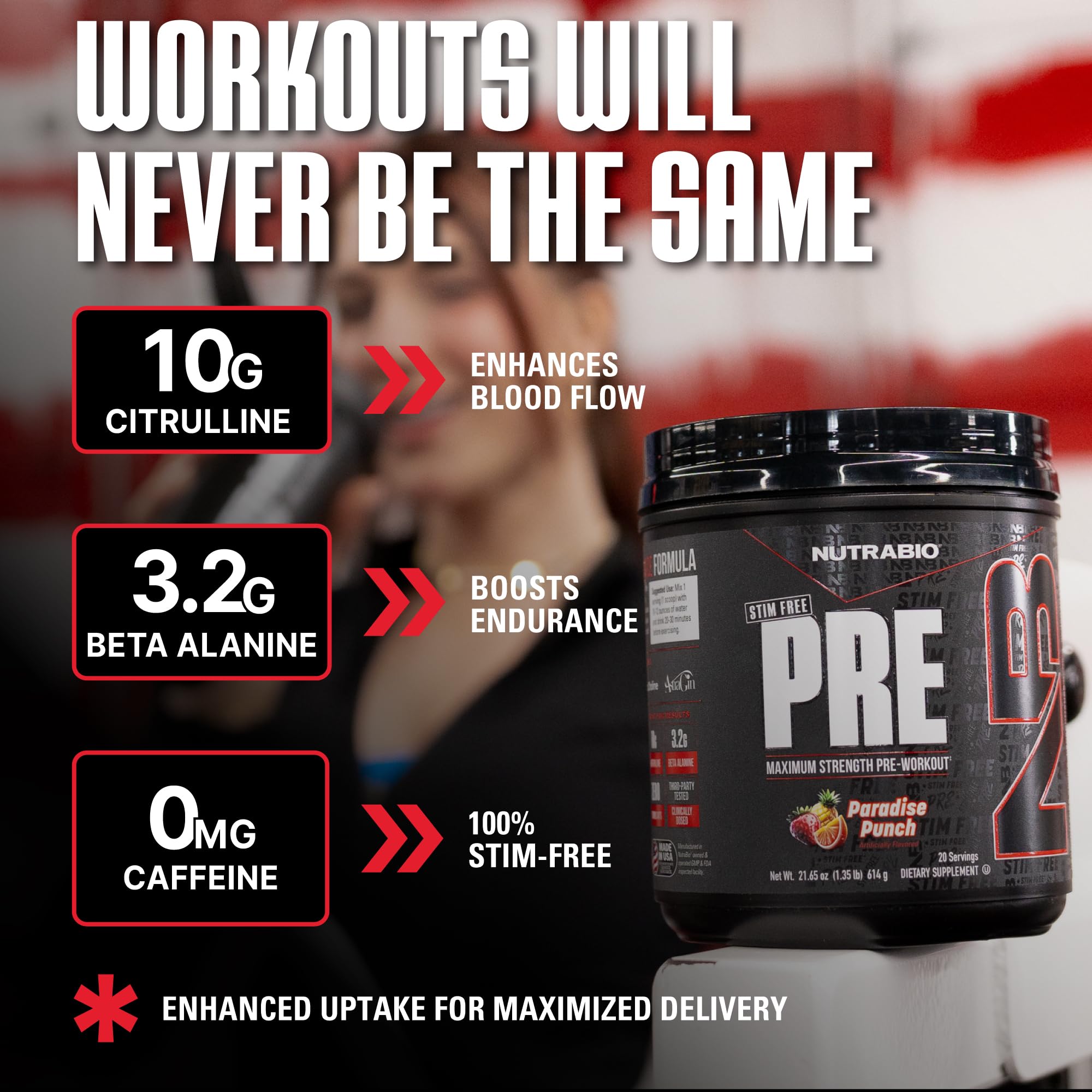 NutraBio Stim-Free Pre-Workout Paradise Punch powder in glass ready to mix.