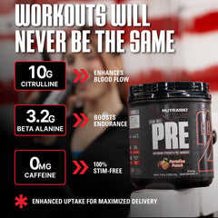 NutraBio Stim-Free Pre-Workout Paradise Punch powder in glass ready to mix.
