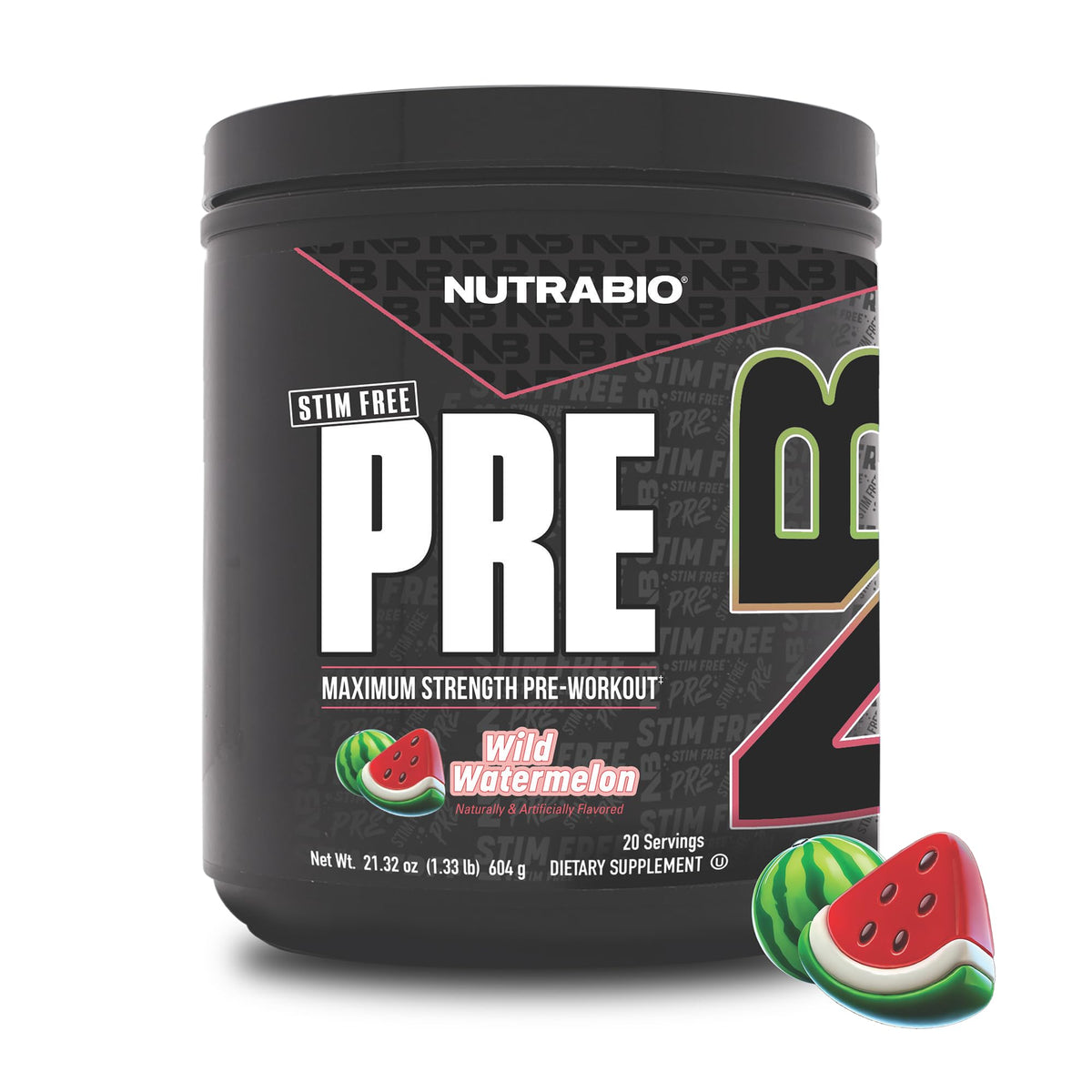 NutraBio STIM-Free PRE Watermelon label shows a clean, transparent formula.