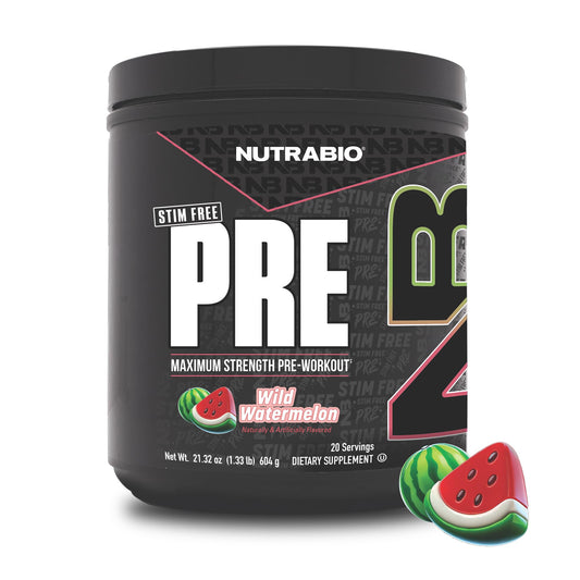 NutraBio STIM-Free PRE Watermelon label shows a clean, transparent formula.