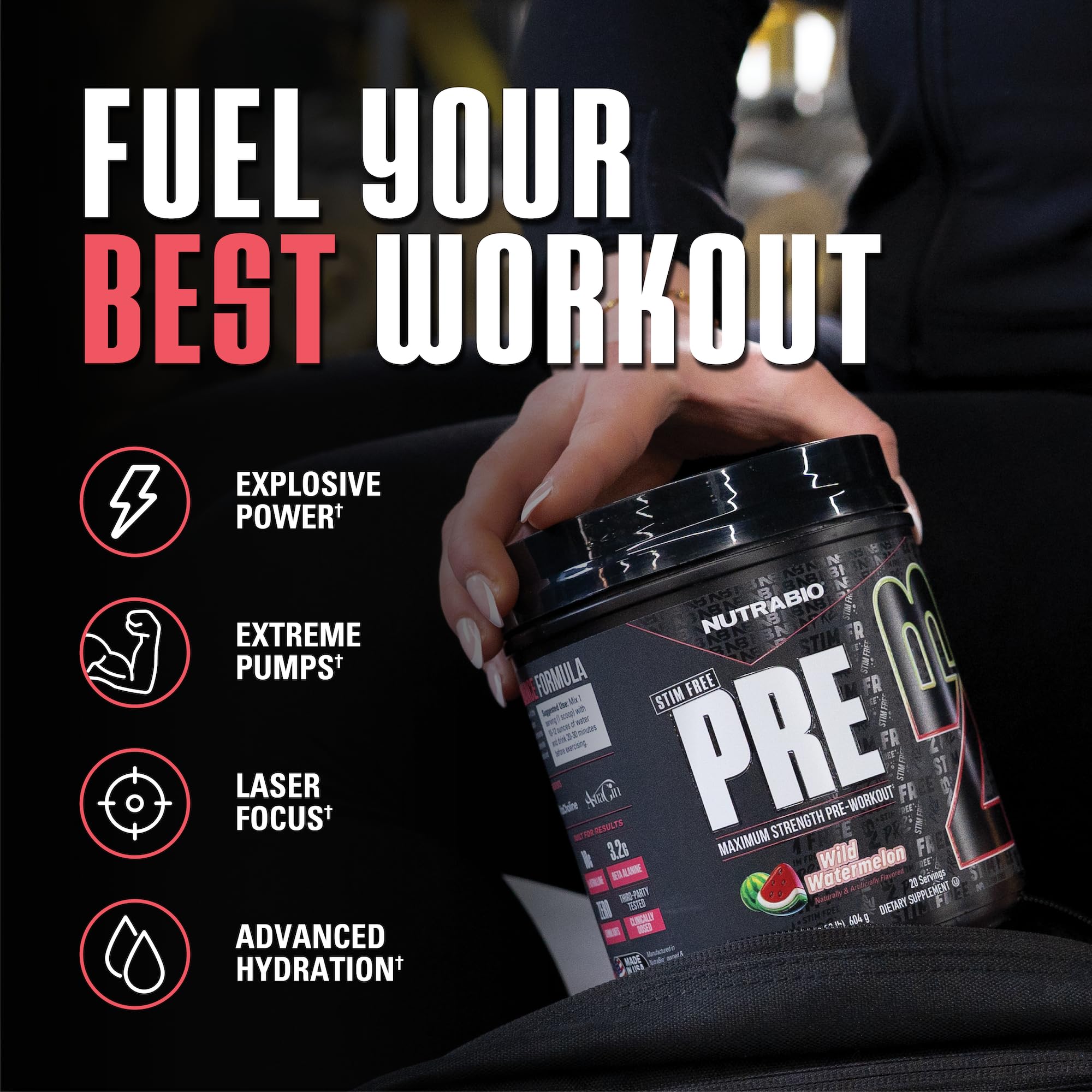 NutraBio STIM-Free PRE Watermelon pour demonstrates easy mixing for workouts.
