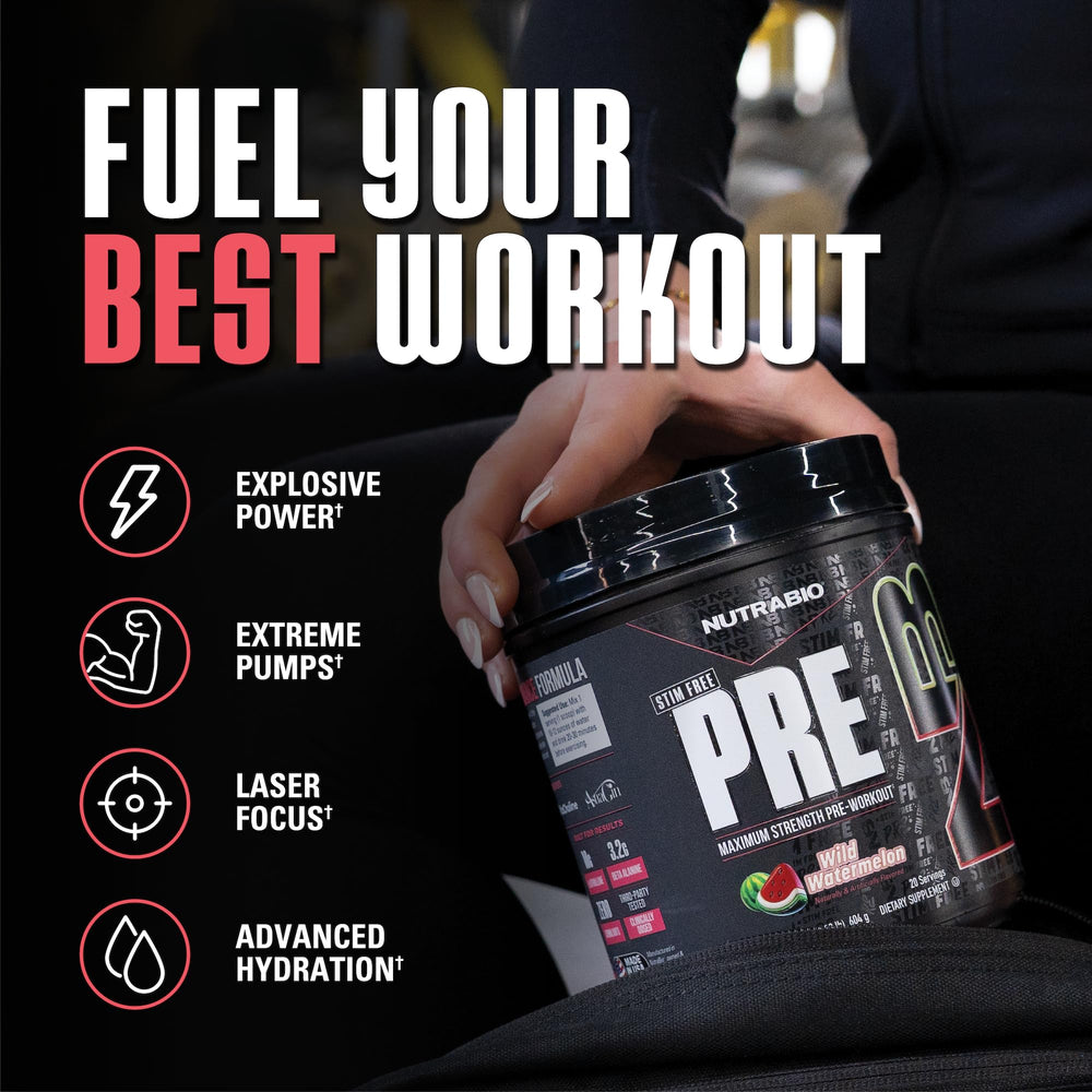 NutraBio STIM-Free PRE Watermelon pour demonstrates easy mixing for workouts.