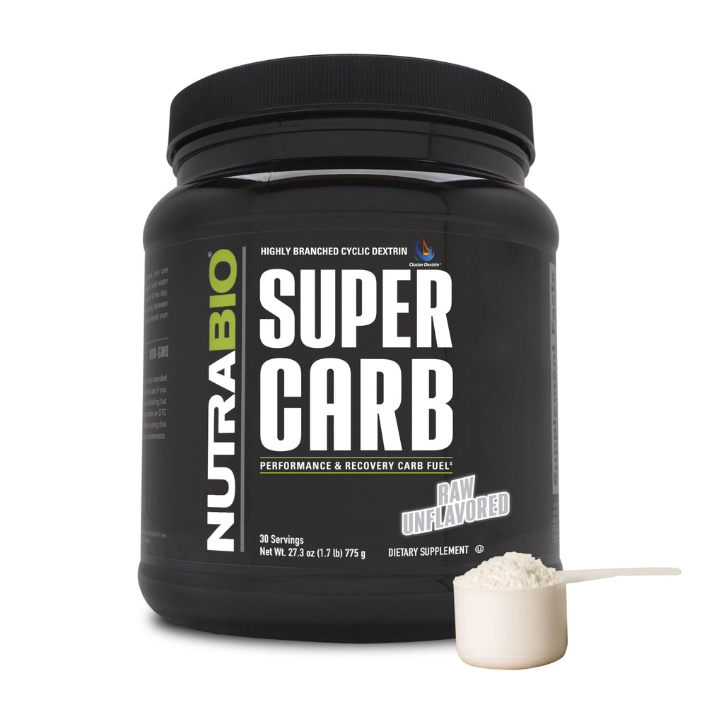 NutraBio Super Carb bottle shows advanced carbohydrate formula for sustained energy.